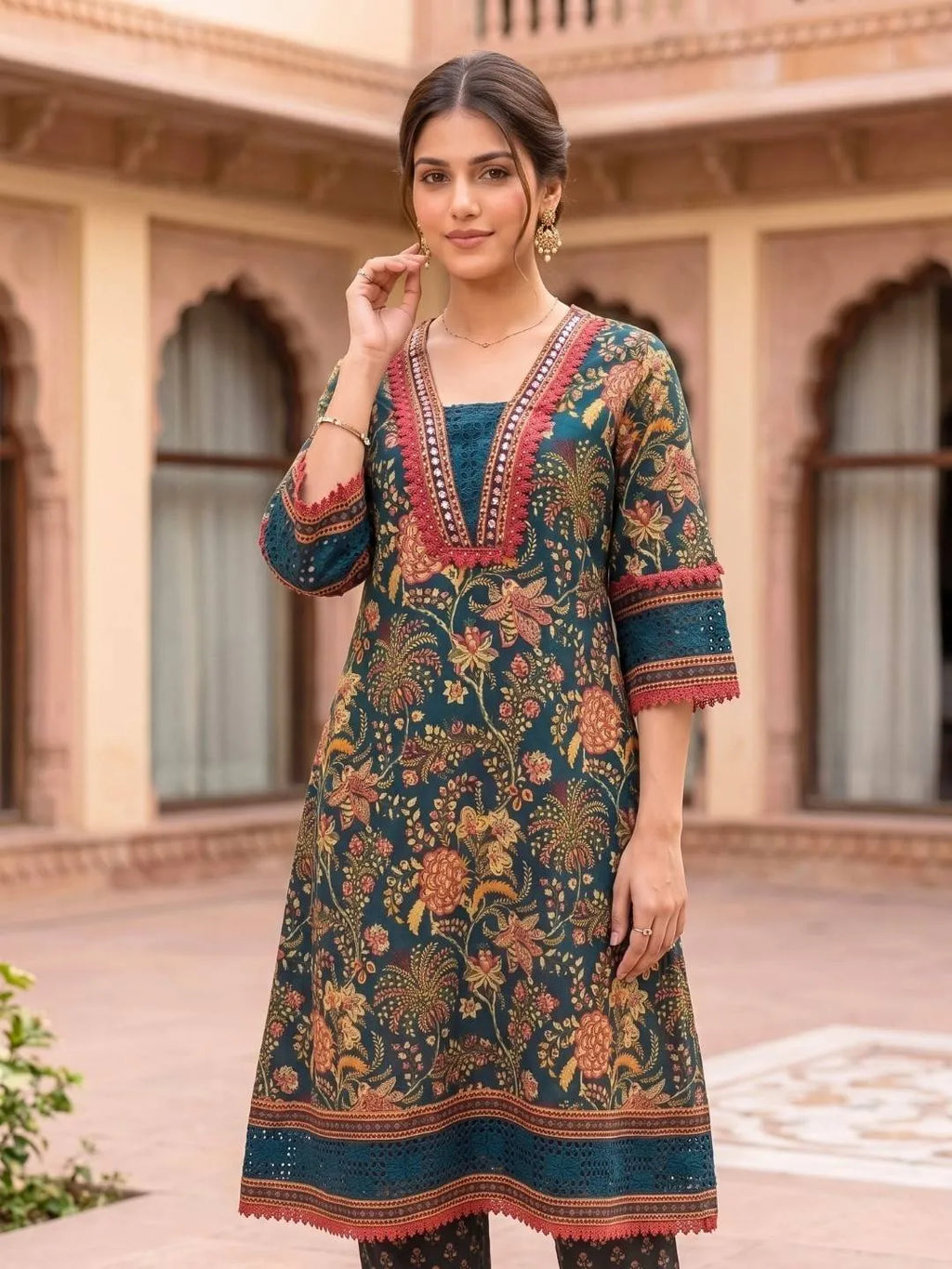 Shreevya : Teal Floral Printed Anarkali Suit Set
