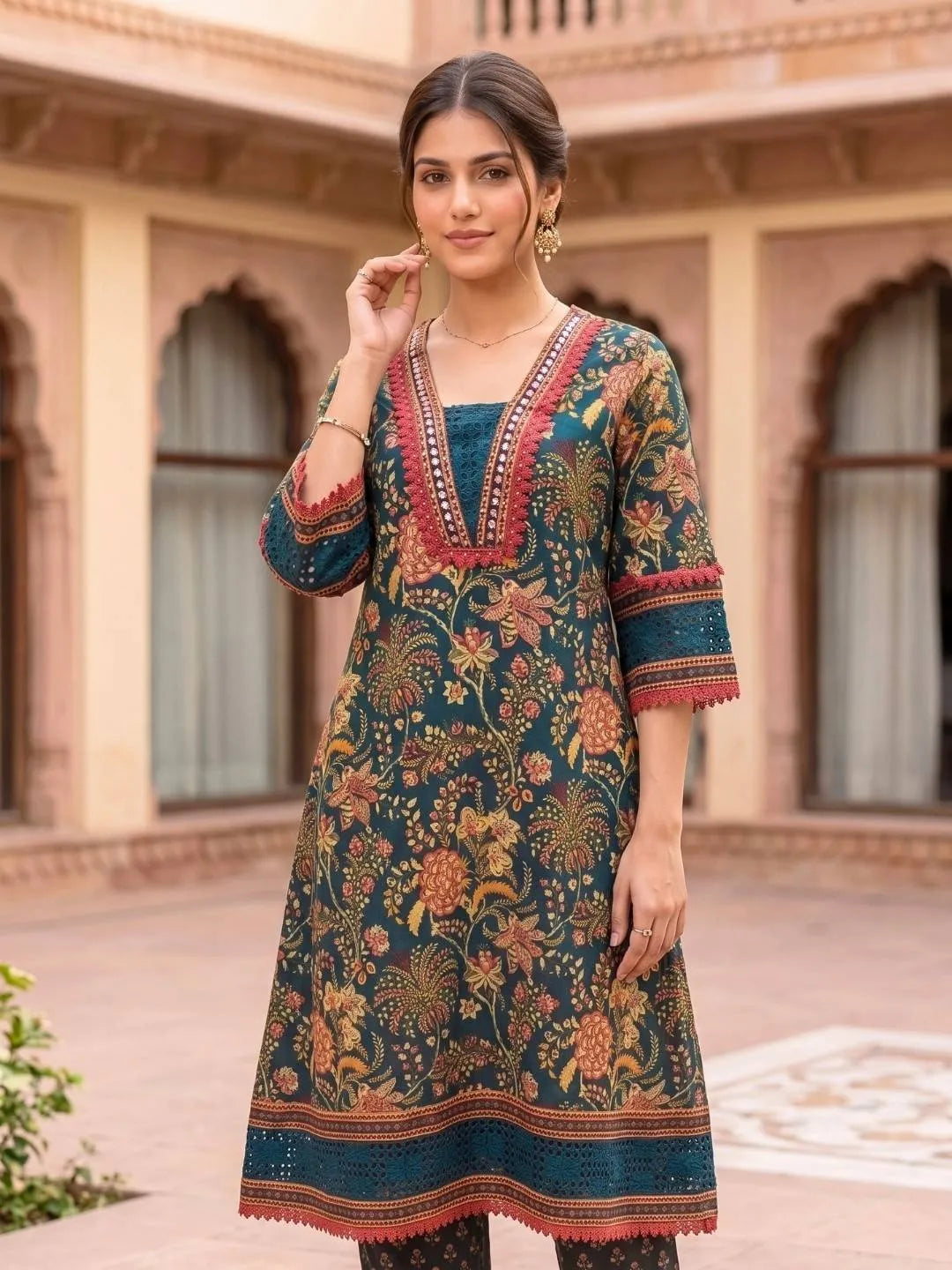 Shreevya : Teal Floral Printed Anarkali Suit Set