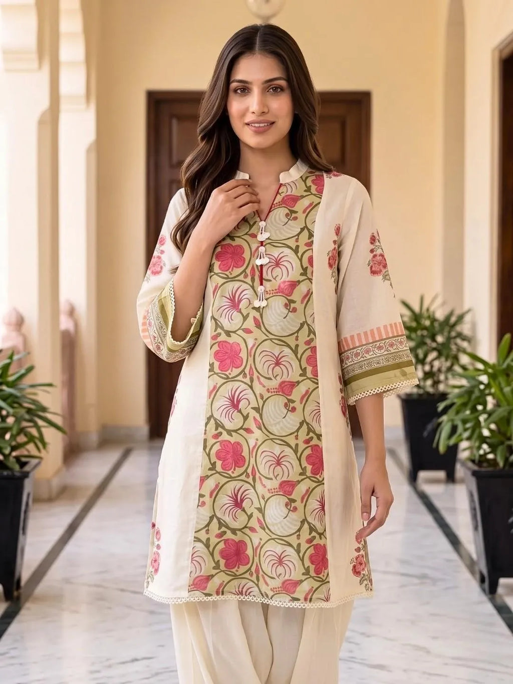 Shreevya : Cream Floral Printed Farshi Suit Set