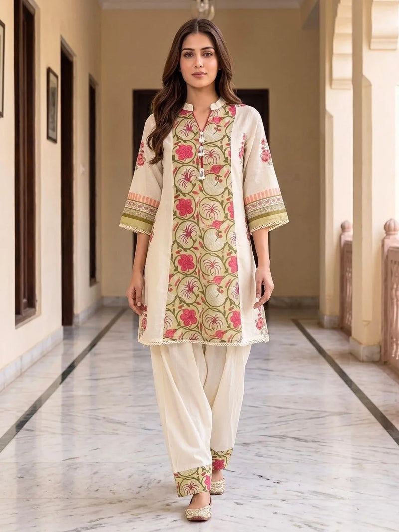 Shreevya : Cream Floral Printed Farshi Suit Set