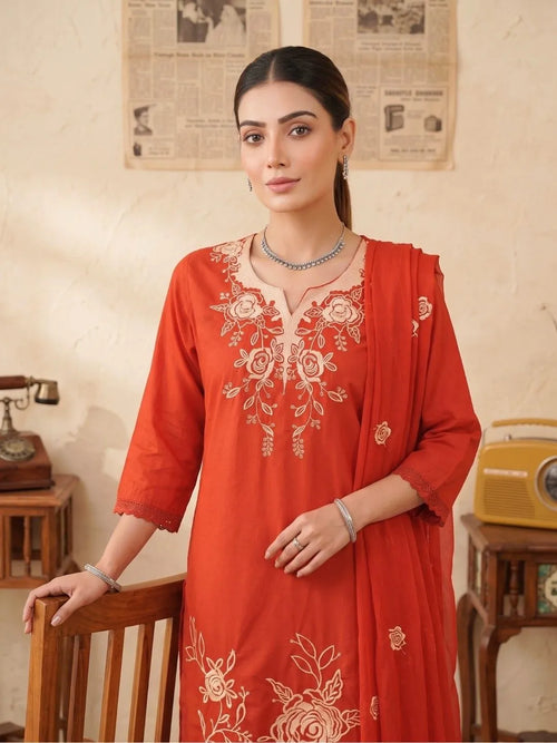 Shreevya : Gulnaar Cotton Embroidered 3 Piece Suit Set