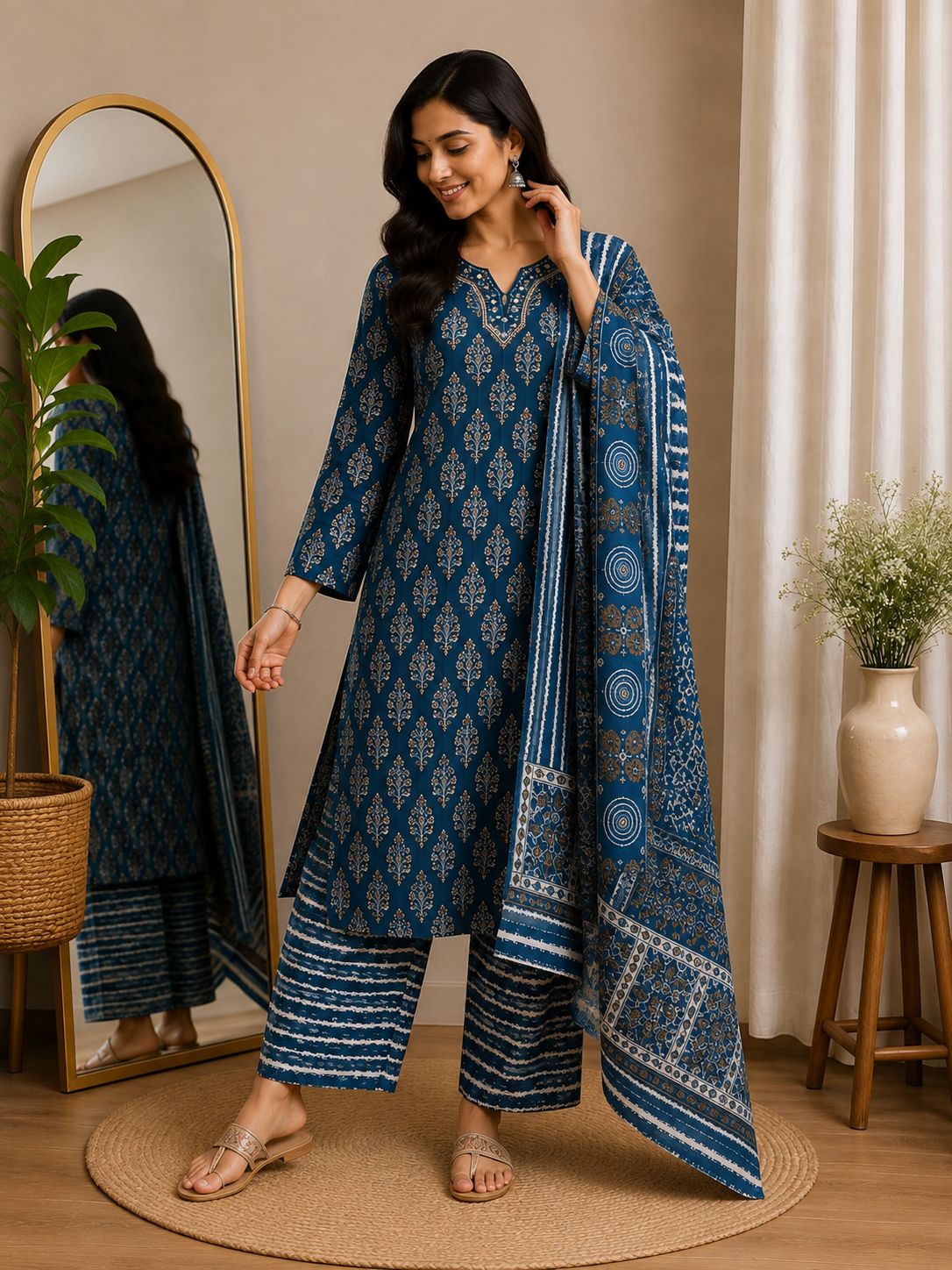 SHREEVYA : Indigo Bloom Printed Suit Set