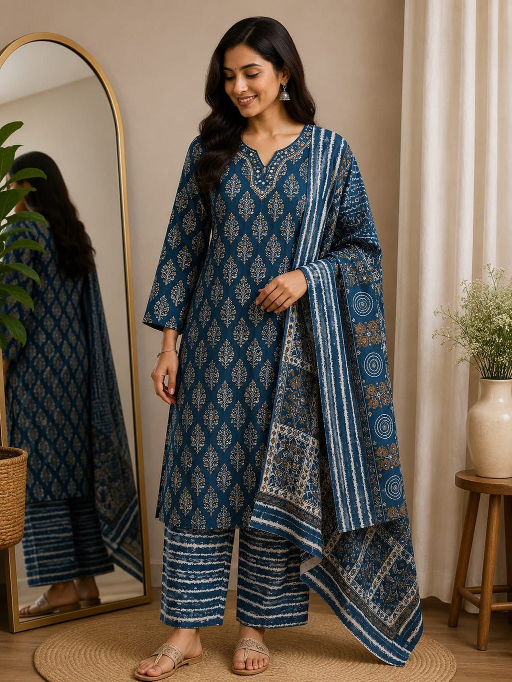 SHREEVYA : Indigo Bloom Printed Suit Set