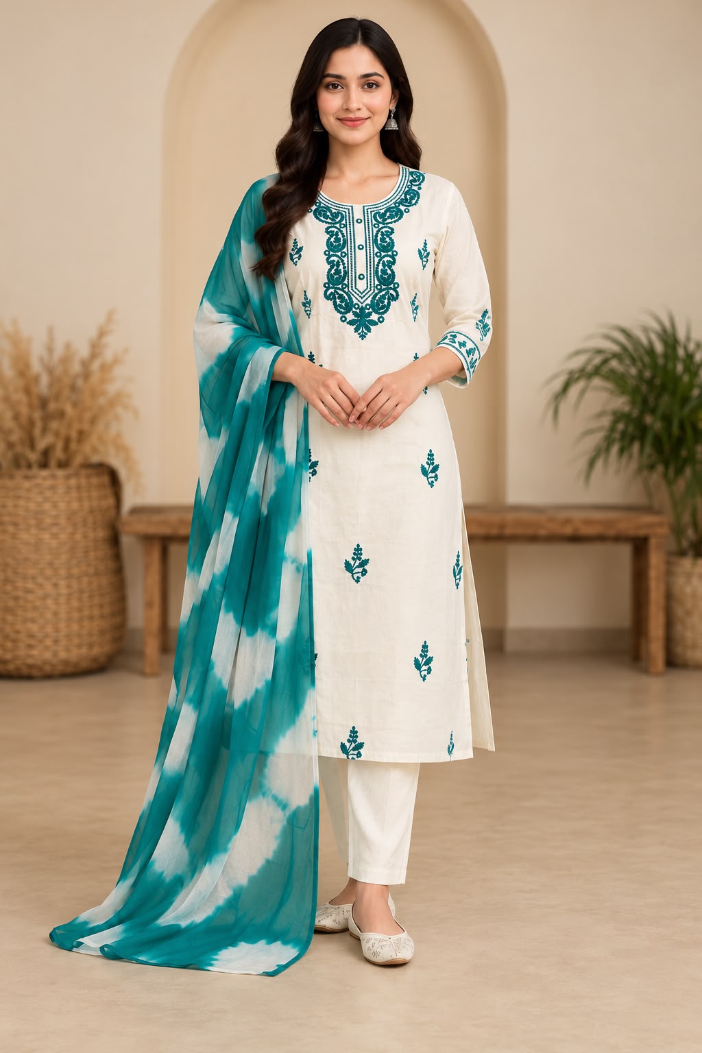 Shreevya Ivory Teal Embroidered 3-Piece Suit Set