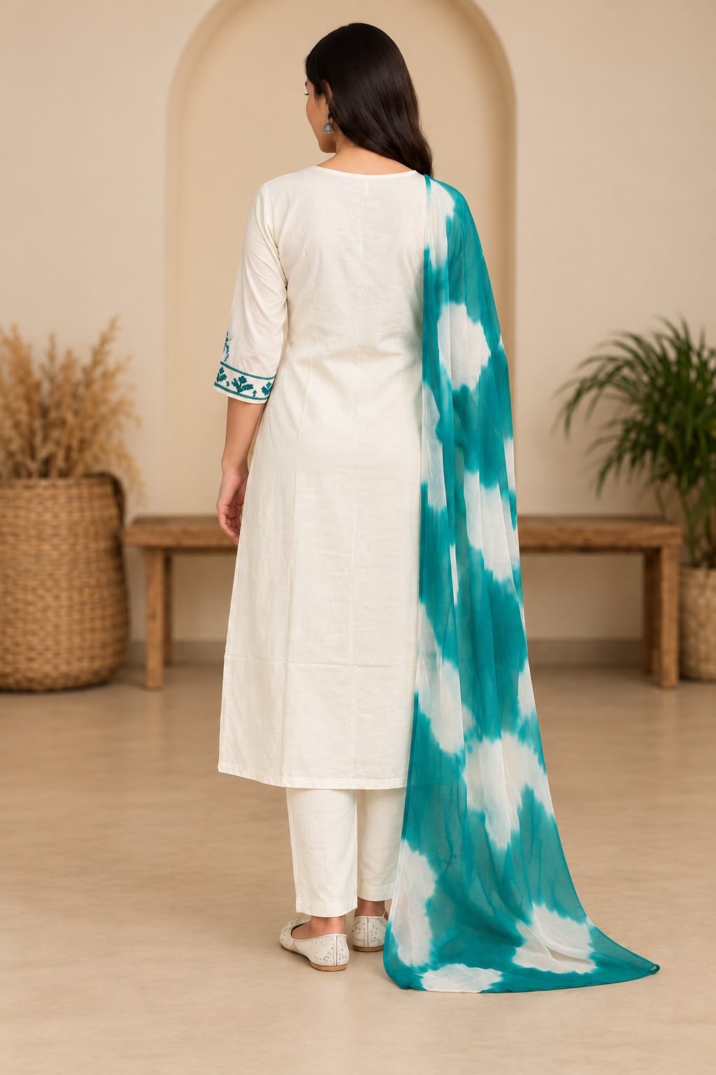 Shreevya Ivory Teal Embroidered 3-Piece Suit Set