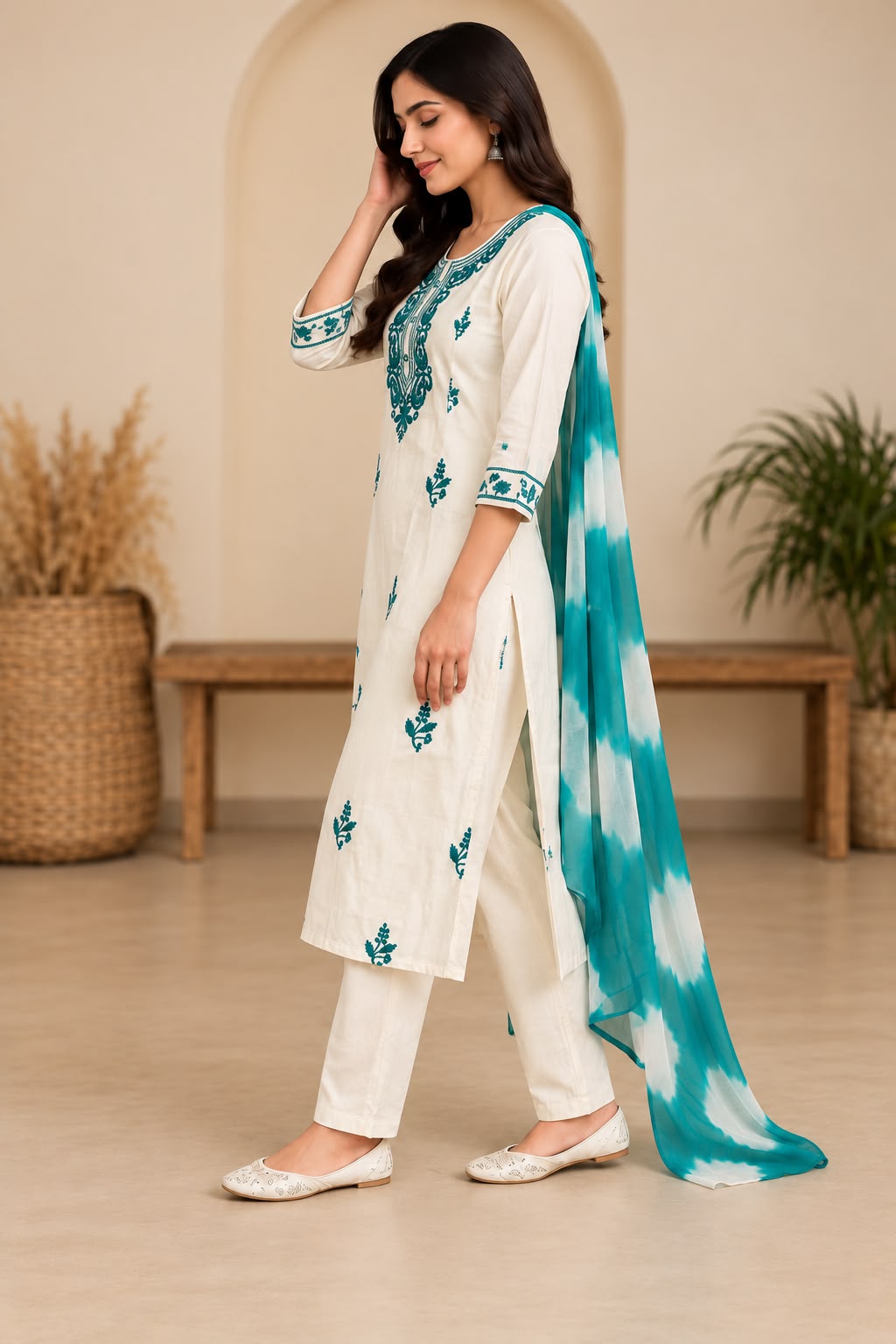 Shreevya Ivory Teal Embroidered 3-Piece Suit Set