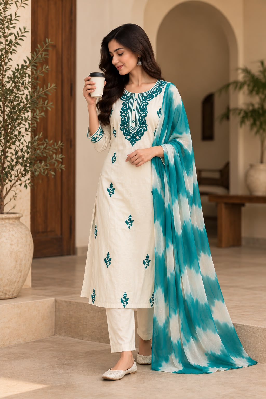Shreevya Ivory Teal Embroidered 3-Piece Suit Set