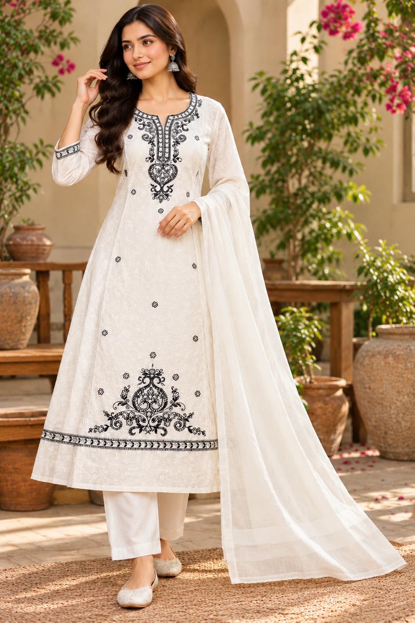 SHREEVYA : WHITE GRACE 3-PIECE ANARKALI SUIT