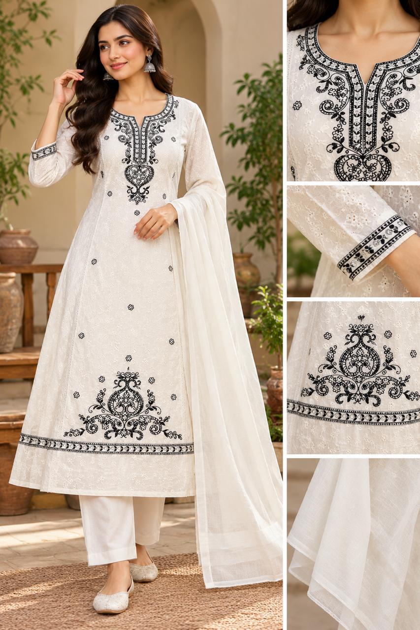 SHREEVYA : WHITE GRACE 3-PIECE ANARKALI SUIT