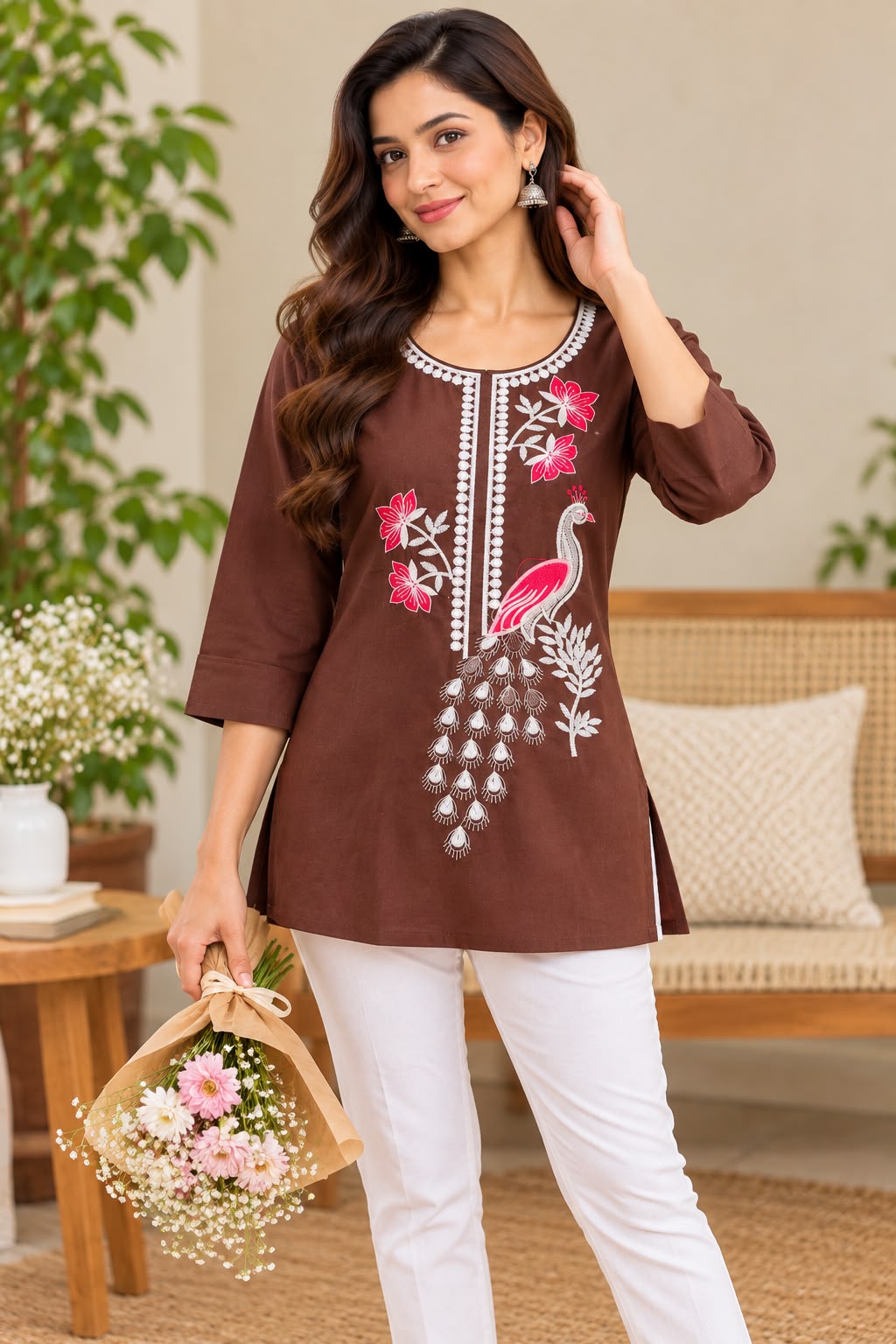 SHREEVYA : MEHFIL PEACOCK EMBROIDERED SHORT KURTI