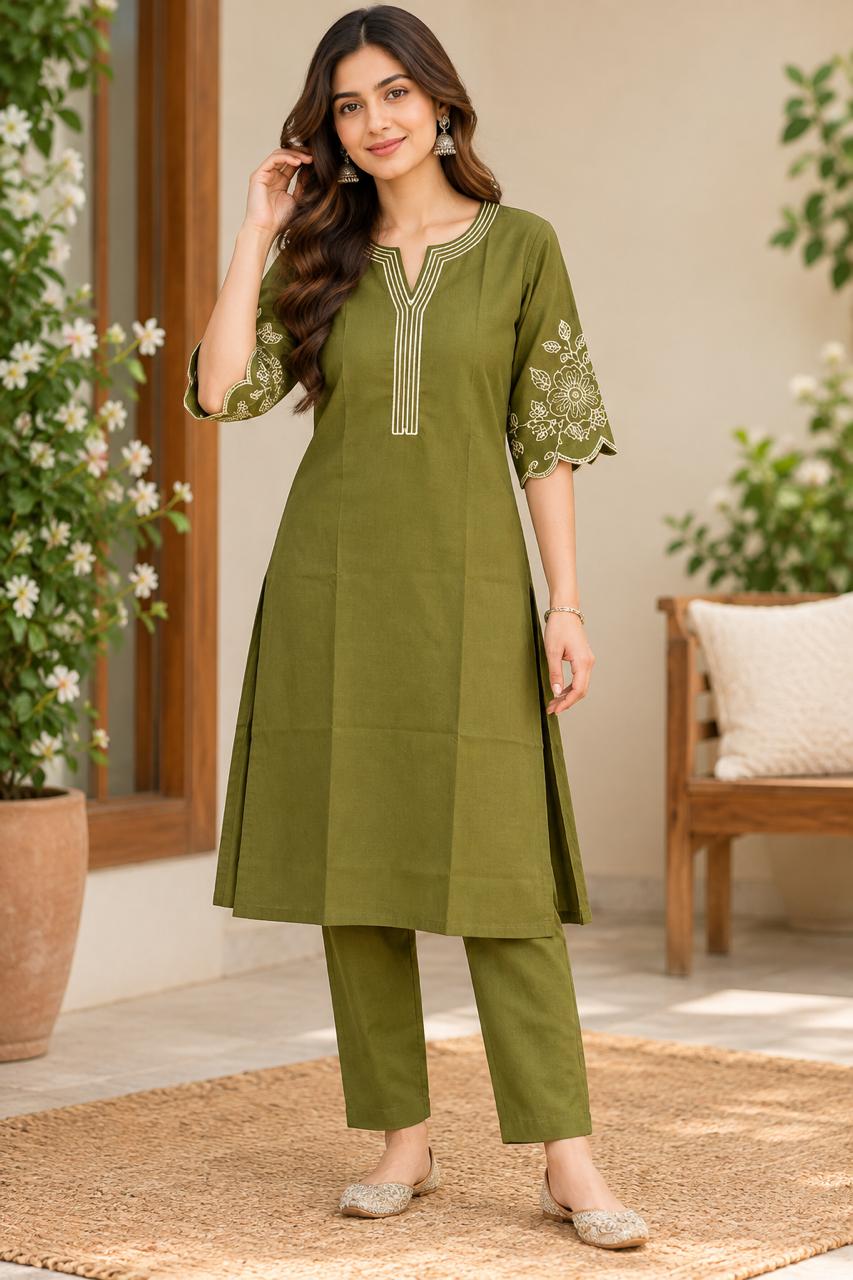 Shreevya Olive Green Embroidered 2-Piece Suit Set