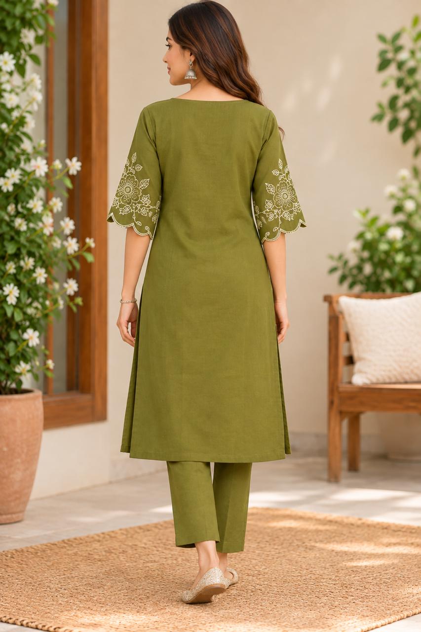 Shreevya Olive Green Embroidered 2-Piece Suit Set