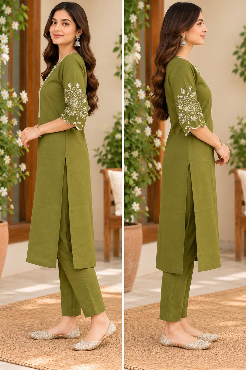 Shreevya Olive Green Embroidered 2-Piece Suit Set