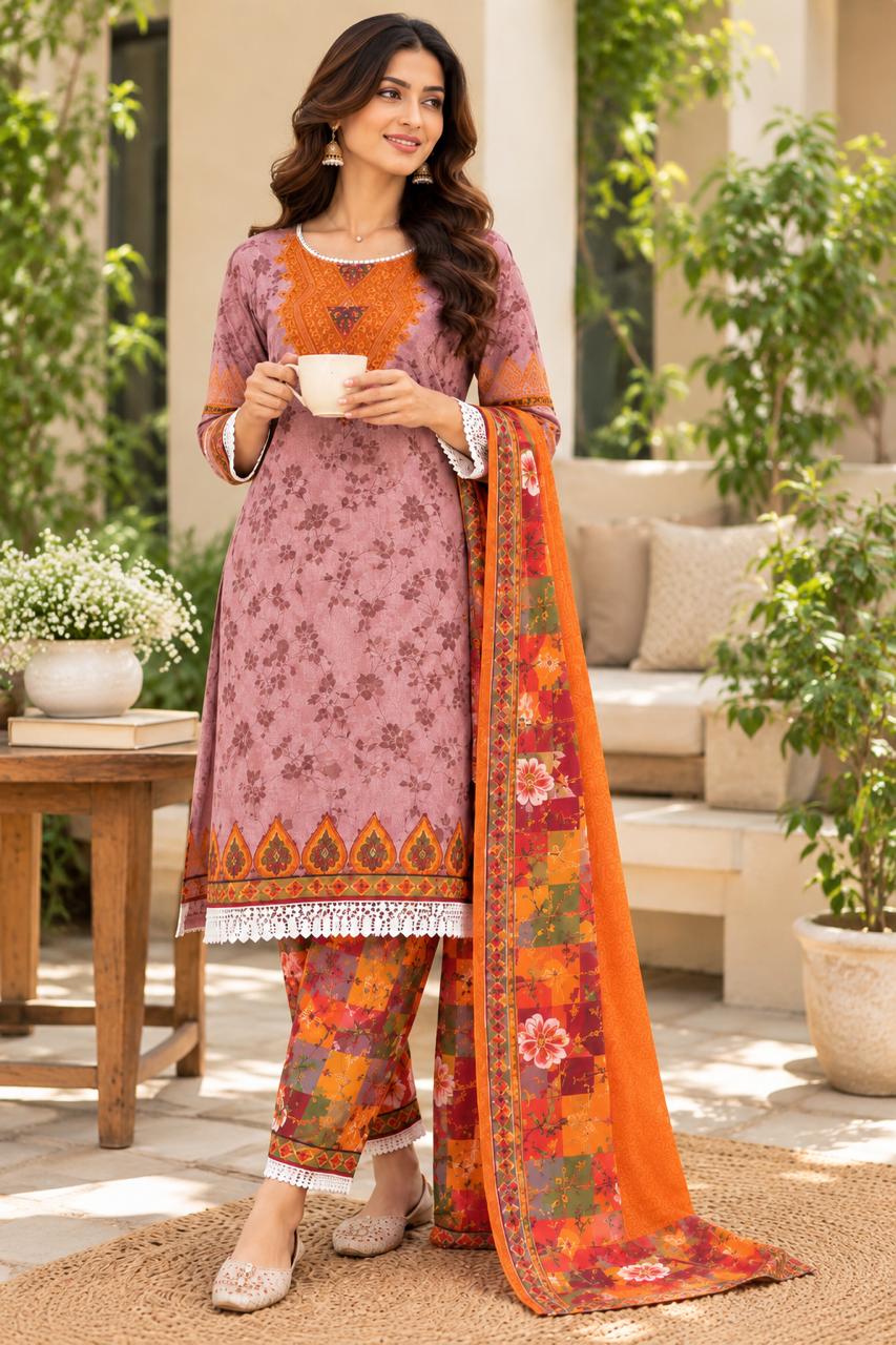 Shreevya Mauve Floral Printed 3-Piece Suit Set