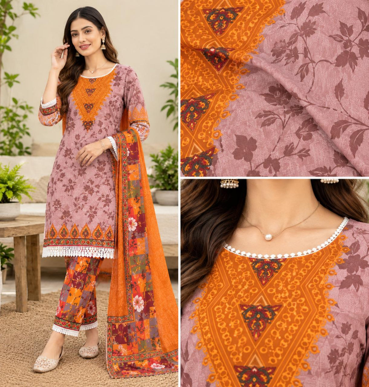 Shreevya Mauve Floral Printed 3-Piece Suit Set