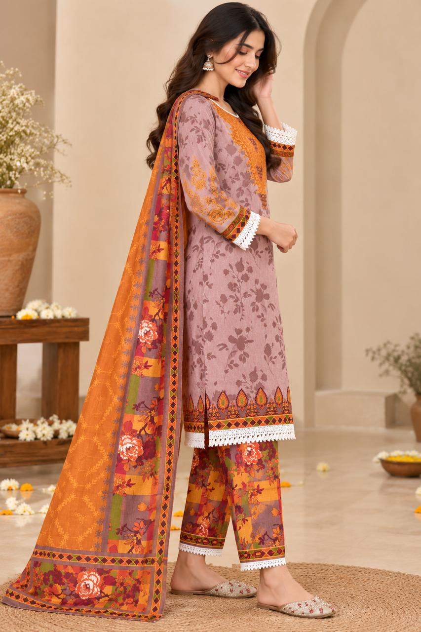 Shreevya Mauve Floral Printed 3-Piece Suit Set
