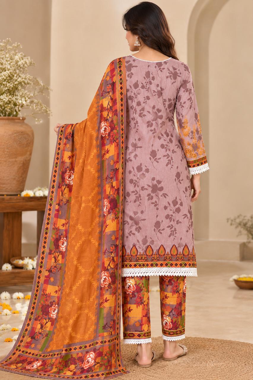 Shreevya Mauve Floral Printed 3-Piece Suit Set