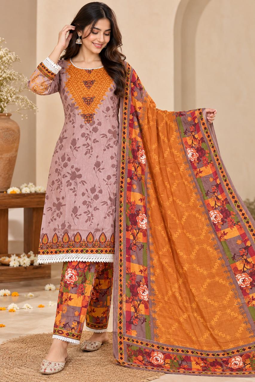 Shreevya Mauve Floral Printed 3-Piece Suit Set