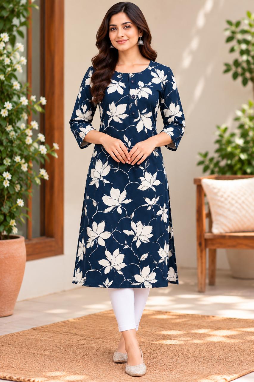 Shreevya Midnight Bloom Floral Printed Long Kurti.