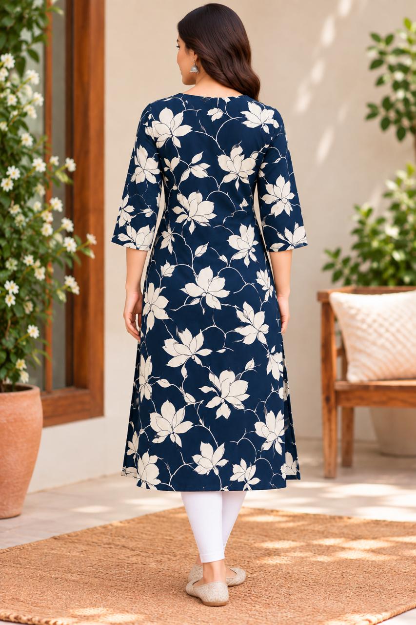 Shreevya Midnight Bloom Floral Printed Long Kurti.