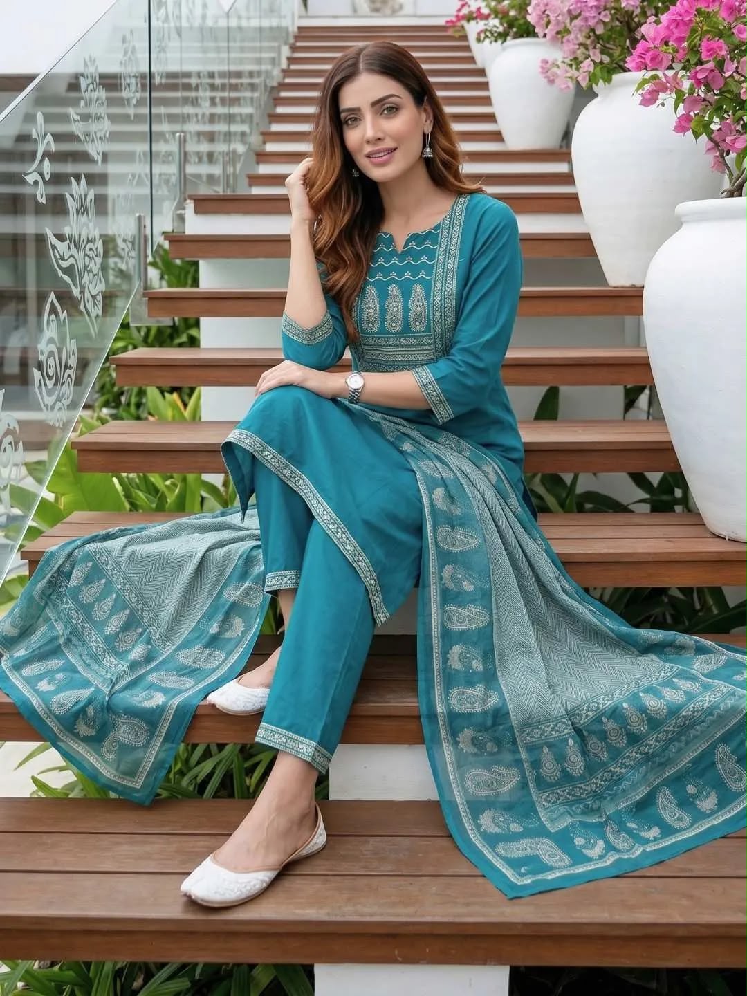 SHREEVYA Meher Teal Heritage Suit - Full View