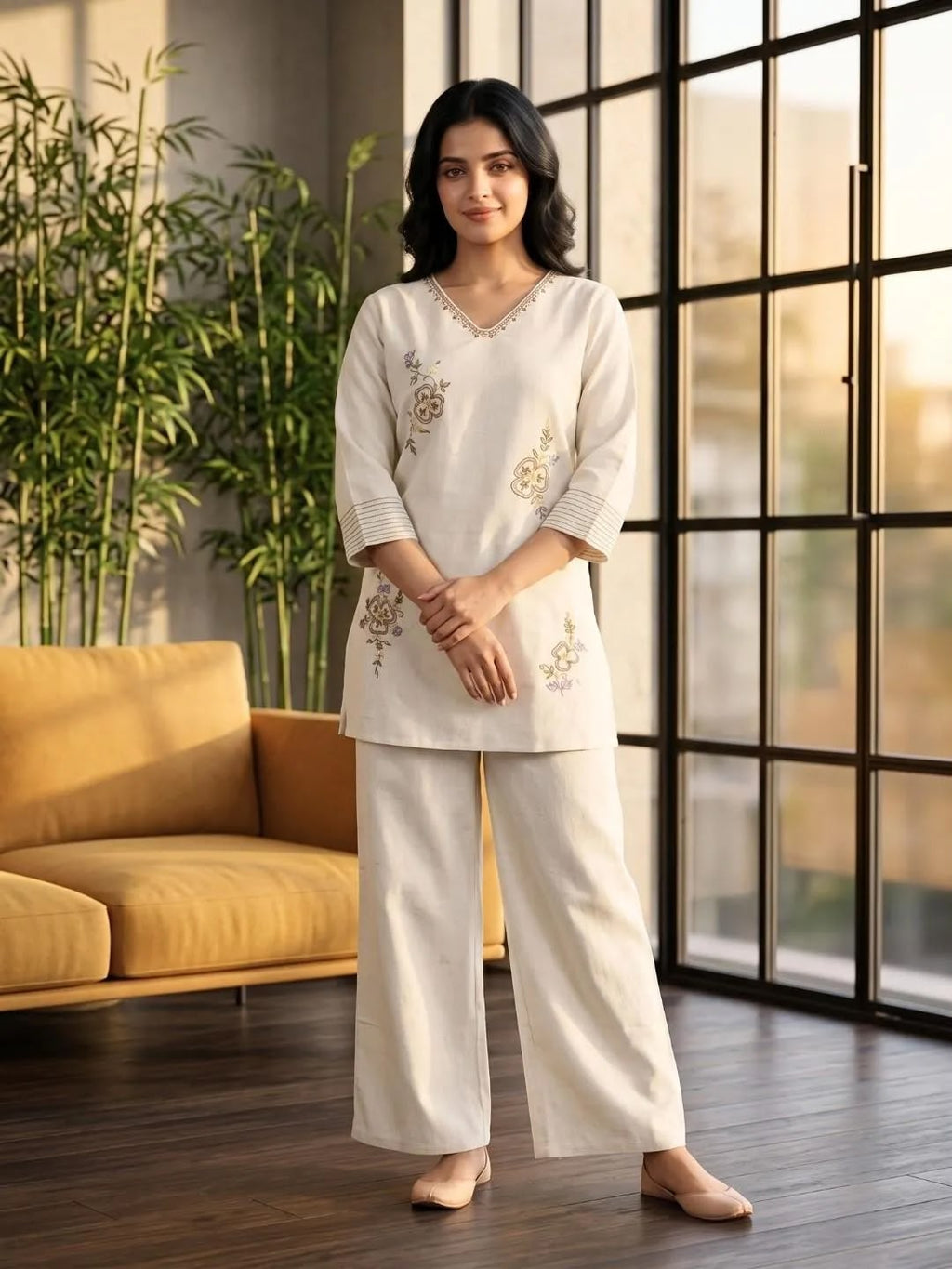 SHREEVYA Aabha Ivory Floral Kurta Set - Full View
