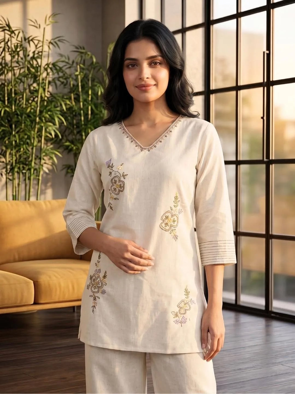 SHREEVYA Aabha Ivory Floral Kurta Set - Top Detail