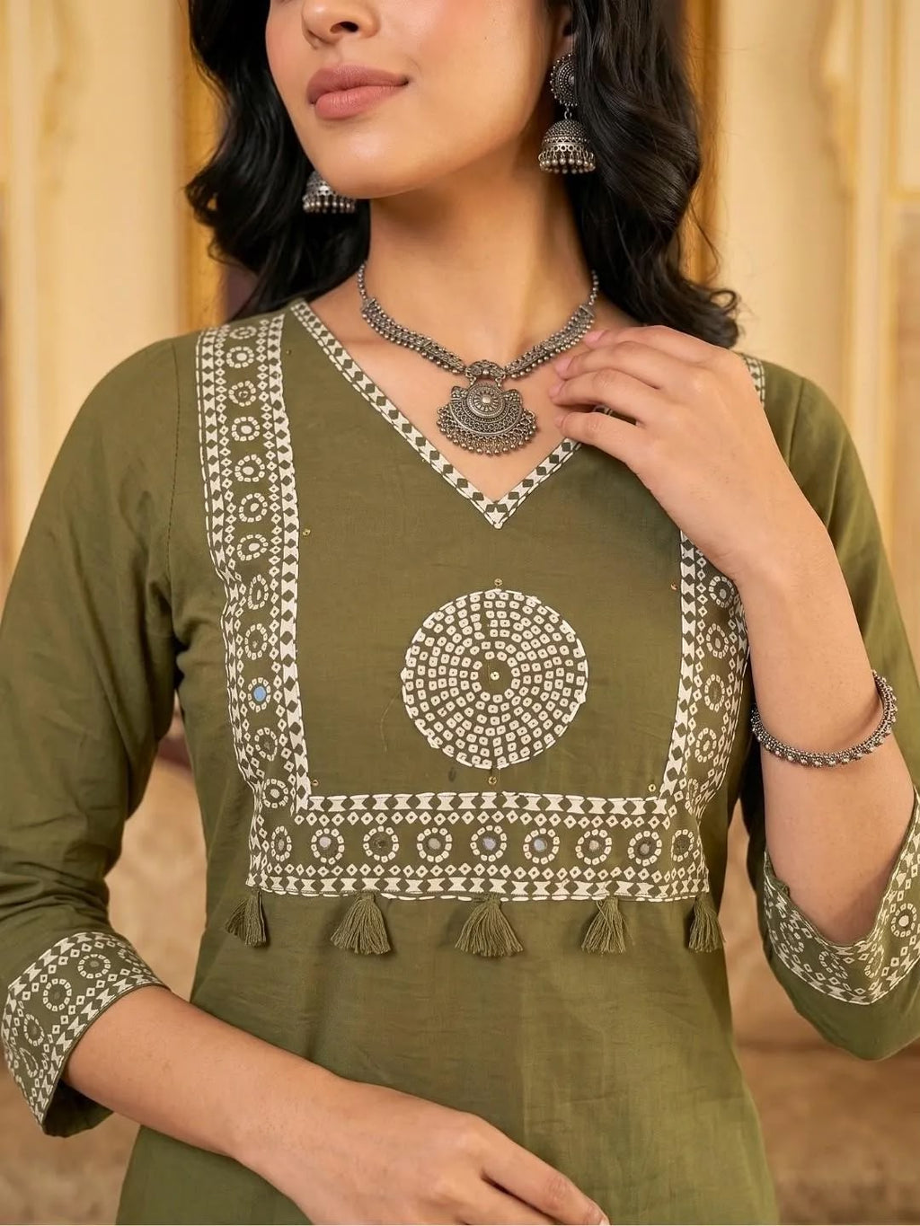 SHREEVYA Dharti Olive Heritage Kurta - Embroidery Detail