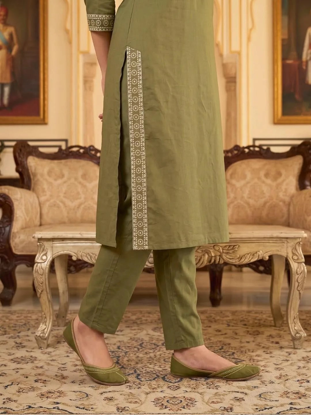 SHREEVYA Dharti Olive Heritage Kurta - Bottom Detail