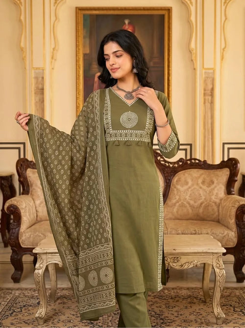 SHREEVYA Dharti Olive Heritage Kurta - Full View
