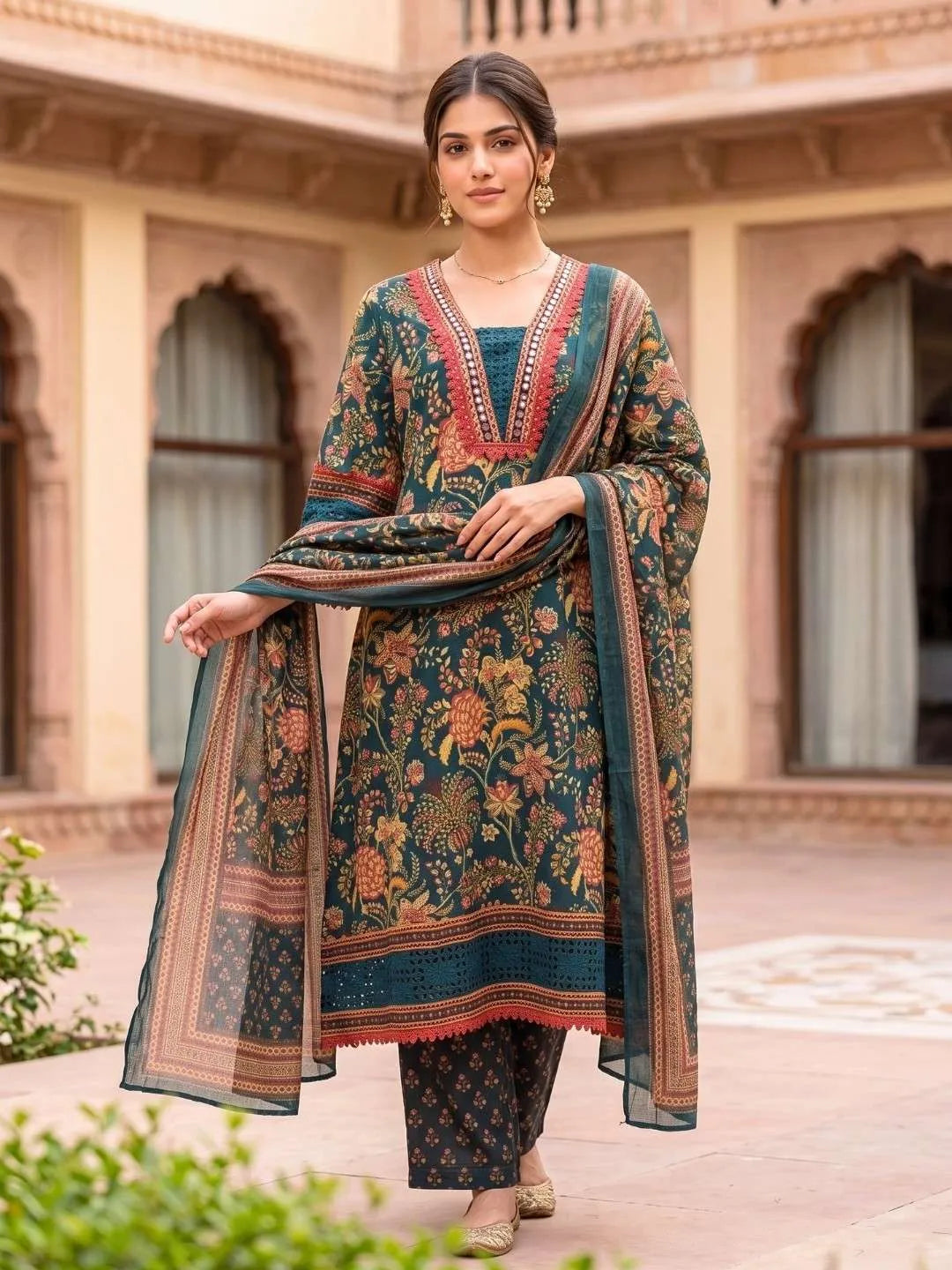 Shreevya : Teal Floral Printed Anarkali Suit Set