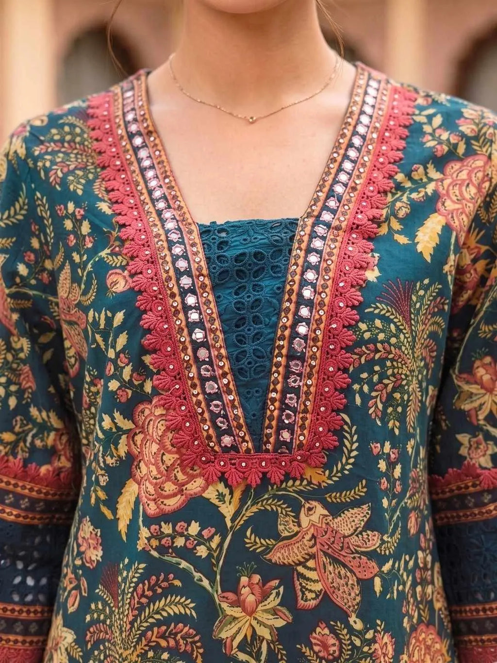 Shreevya : Teal Floral Printed Anarkali Suit Set