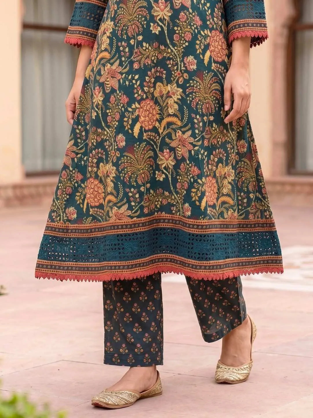 Shreevya : Teal Floral Printed Anarkali Suit Set
