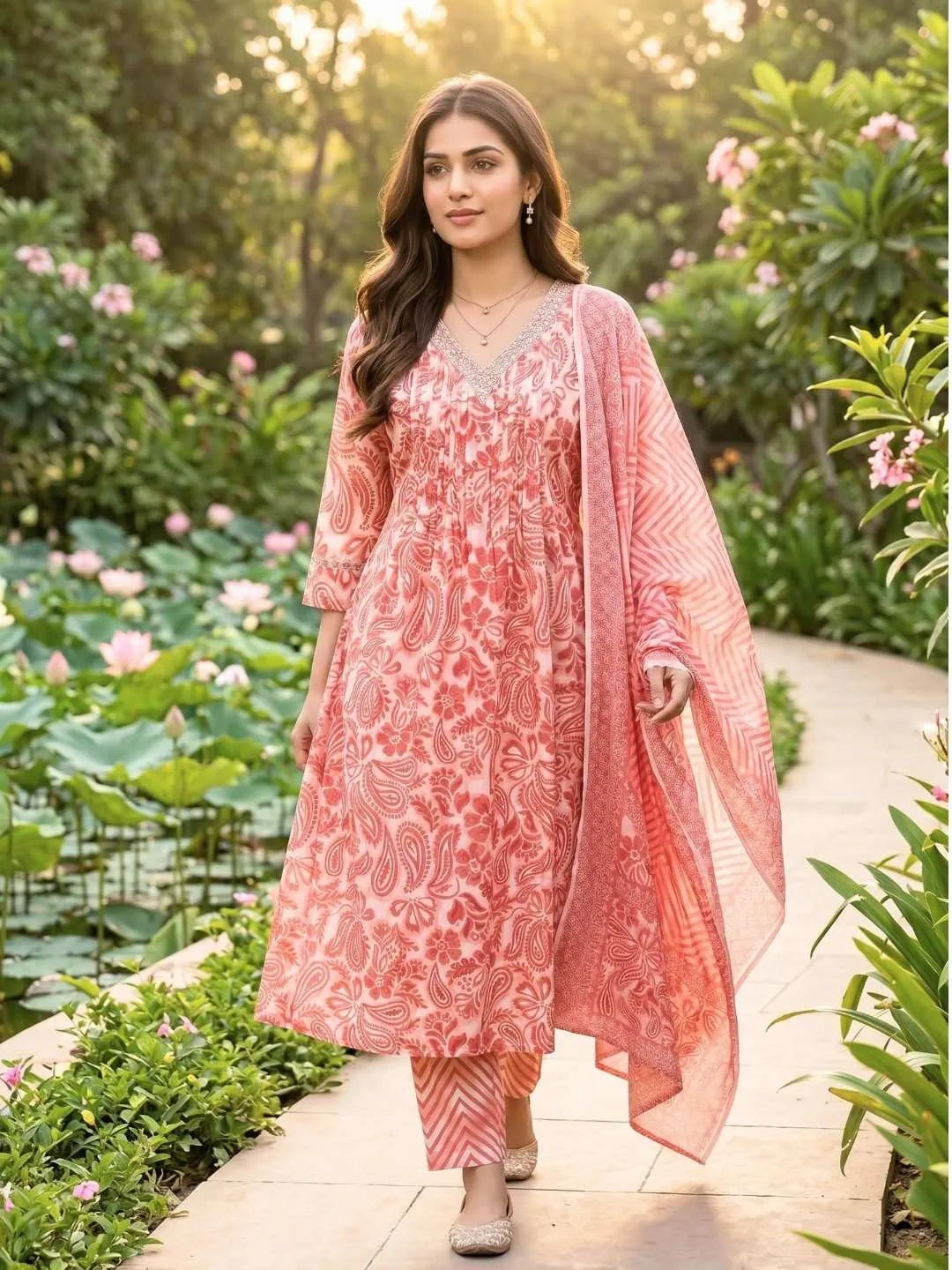 Shreevya : Peach Floral Printed Anarkali Suit Set