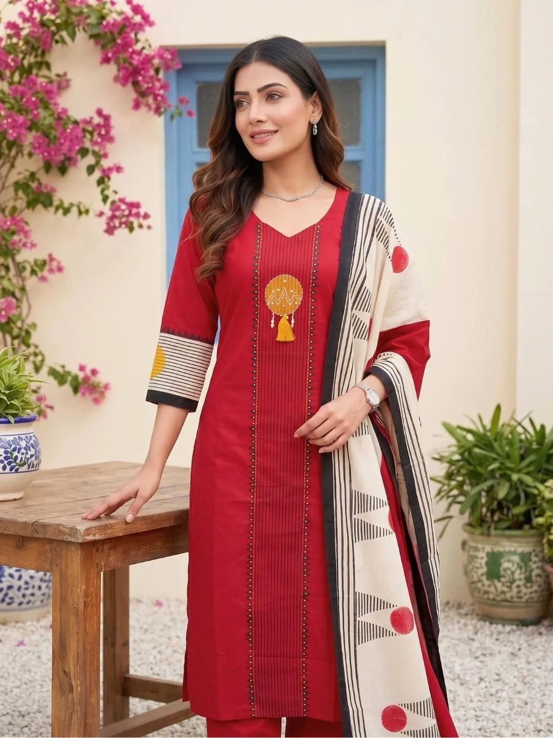 Shreevya : Red Printed Embroidered Kurta Pant Set with Contrast Dupatta