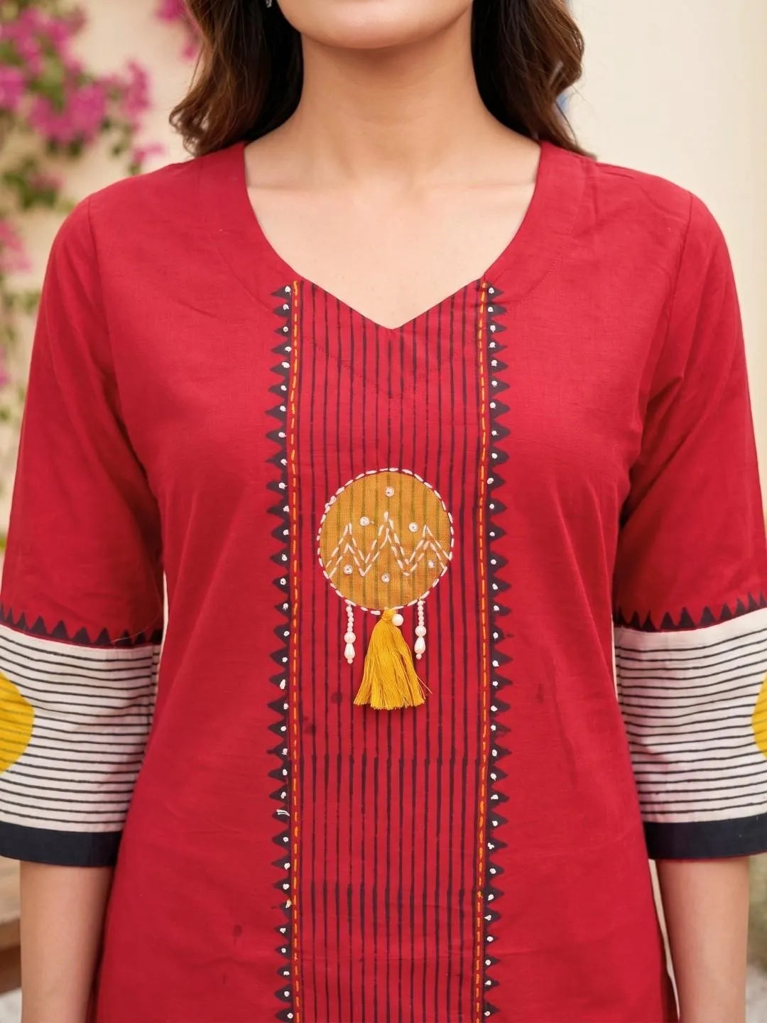 Shreevya : Red Printed Embroidered Kurta Pant Set with Contrast Dupatta