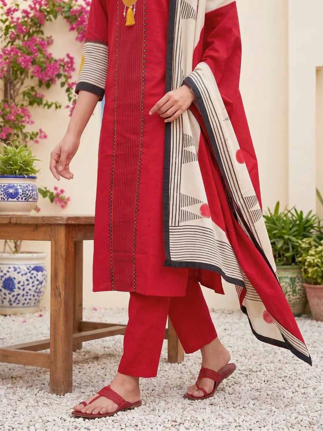 Shreevya : Red Printed Embroidered Kurta Pant Set with Contrast Dupatta