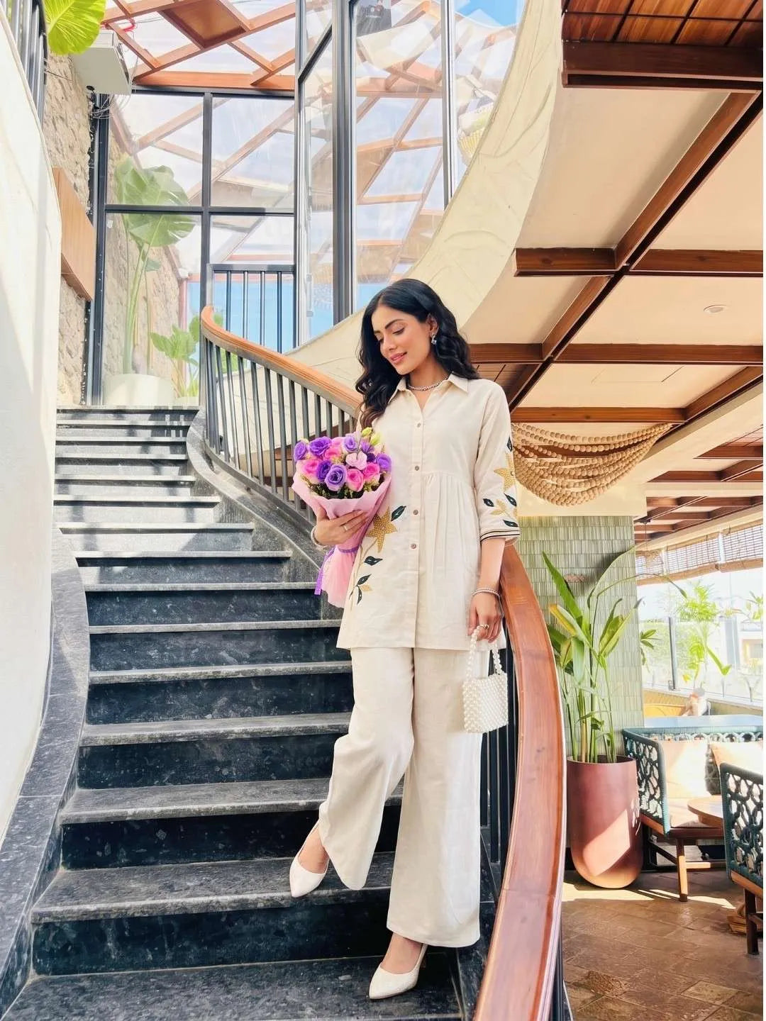 Shreevya : Ivory Floral Embroidered Co-Ord Sets