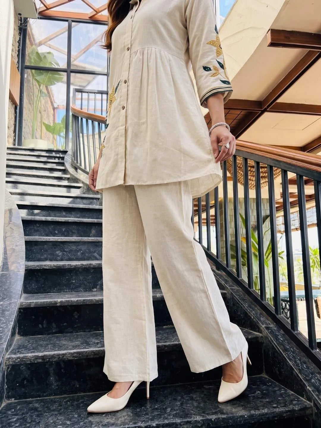 Shreevya : Ivory Floral Embroidered Co-Ord Sets